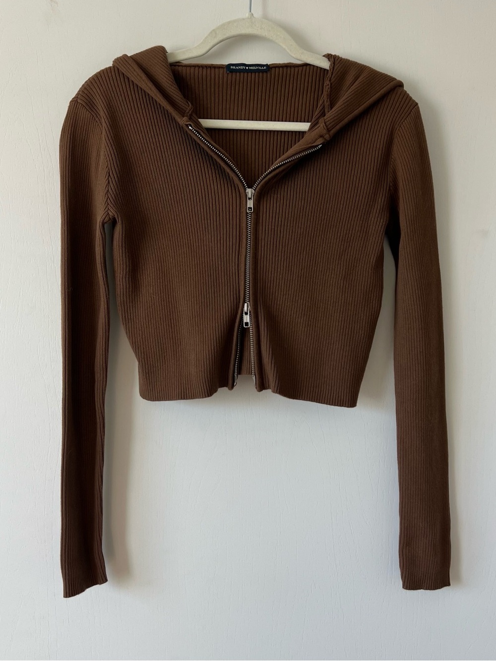 Brandy Melville Ribbed Double Zip-Front Hooded Sweater - Brown